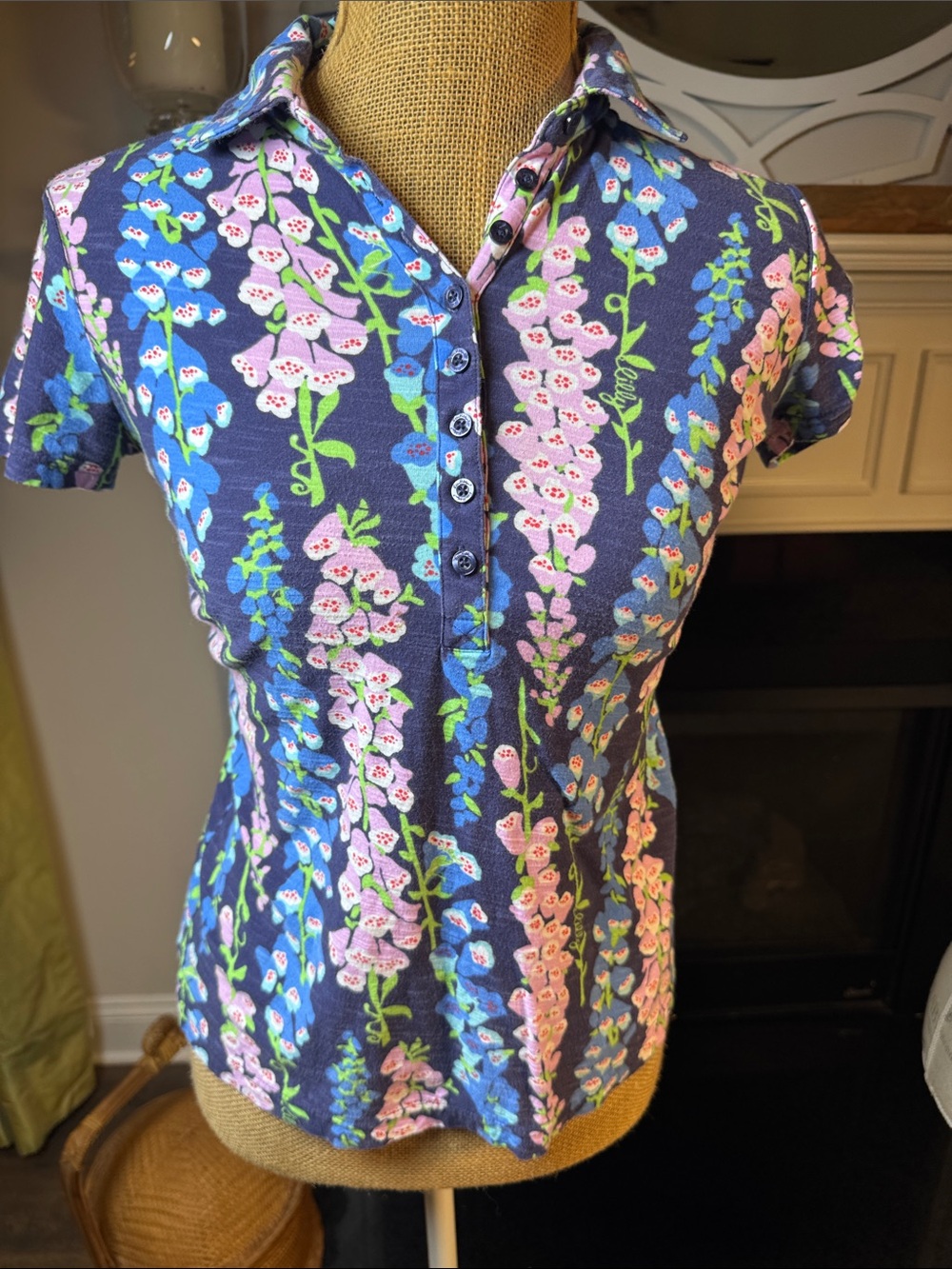 Lilly Pulitzer Navy Floral Button-Down Polo